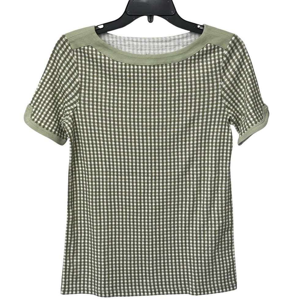 Chico's Size 0 Small Green Gingham Boat-Neck Short Sleeve Tee Top Zen Minimalist